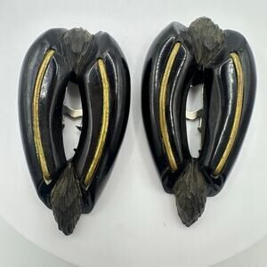 Antique vintage 1930s 1940s set pair 2 black carved Bakelite brass dress clips